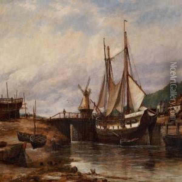 View Of A Riverwith Ships At A Lock Oil Painting - Richard Henry Nibbs