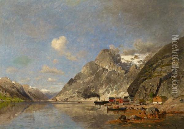 Norwegian Fishing Village On The Fiord Oil Painting - Adolf Gustav Schweitzer