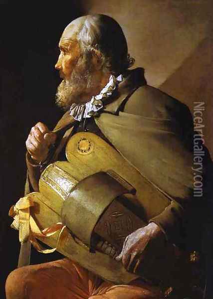 Hurdy-Gurdy Player with a Ribbon Oil Painting - Georges de La Tour