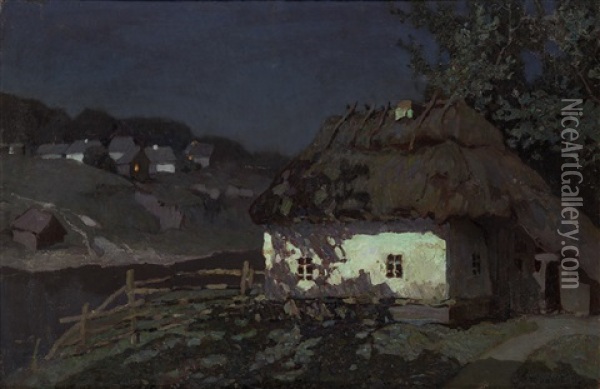 Ukrainian Village By Moonlight Oil Painting - Grigory Petrovich Svetlitsky