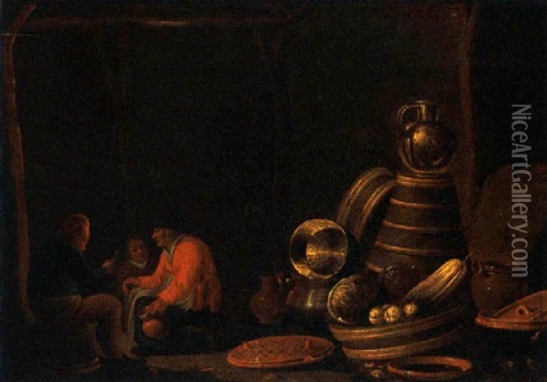 A Barn Interior With Peasants Seated And A Still Life Of Kitchen Utensils On The Right Oil Painting - Jan Spanjaert