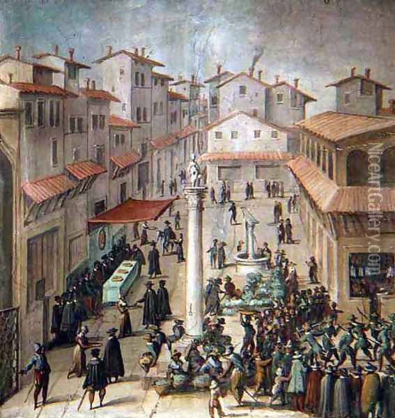 Piazza del Mercato Vecchio, Florence, 1555 Oil Painting - Giovanni Stradano