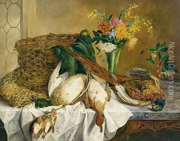 Still life of ducks, pheasant and flowers, 1855 Oil Painting - Emily Stannard