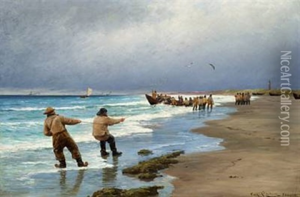Fishermen On Skagen Beach - The Lifeboat Is Being Pulled Ashore Oil Painting - Carl Ludvig Thilson Locher