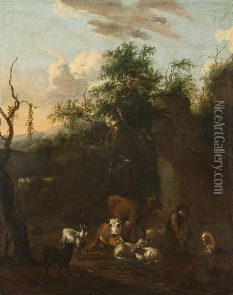 Ruinenlandschaft Mitkuhen, Schafen, Ziegen Und Hirte Oil Painting - Michiel Carre