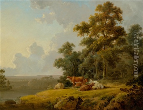 Woodland And River Landscape With Cows Oil Painting - Julius Caesar Ibbetson