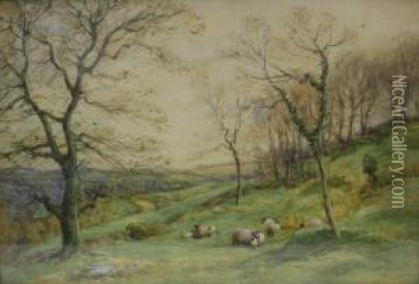 Sheep On A Wooded Hillside Oil Painting - John Atkinson