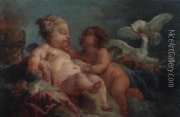 Deux Amours Pres D'un Feu Sacre Sur Des Nuages Oil Painting - Charles Dominique Joseph Eisen