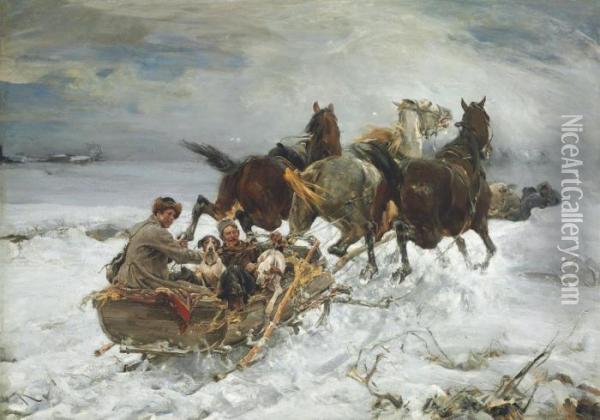 Horse-drawn Sleigh Oil Painting - Alfred Wierusz-Kowalski