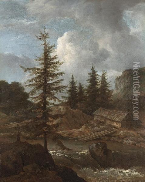 A Scandinavian Landscape With A Timber Hut Beside A Waterfall Oil Painting - Jacob Van Ruisdael