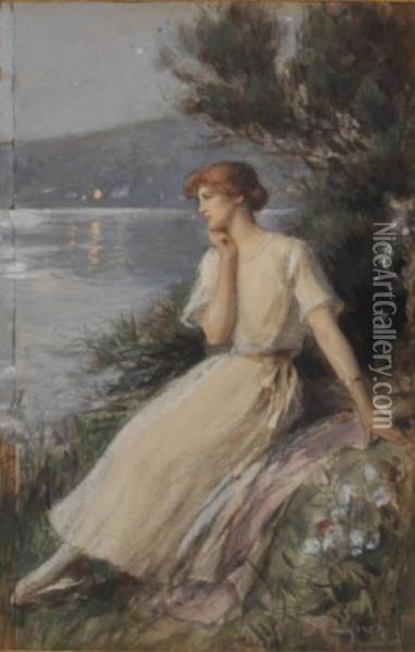 Jeune Femme Pensive Au Bord De L'eau Oil Painting - Albert Lynch