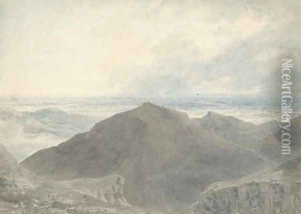 A figure in an extensive mountainous landscape Oil Painting - John Robert Cozens