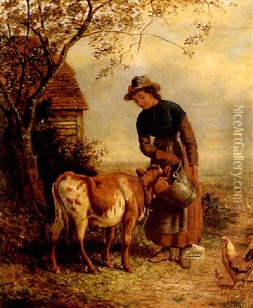 Feeding The Calf Oil Painting - George Augustus Holmes