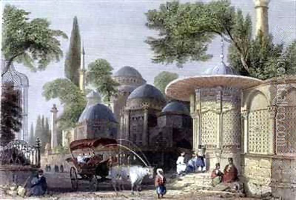 Fountain and Mosque of Chahzade Oil Painting - William Henry Bartlett