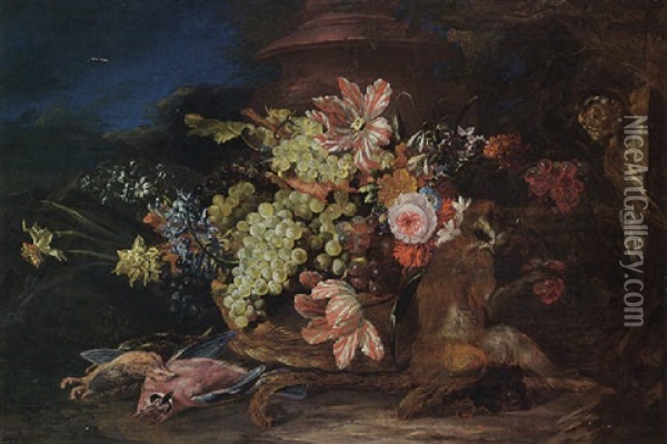 A Still Life With Grapes And Flowers In A Basket With Birds And Monkeys In A Landscape Setting With A Pot Oil Painting - Adriaen de Gryef