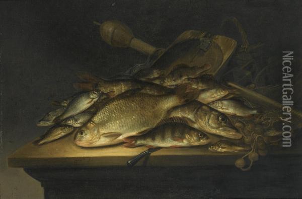 Still Life With Fish, Nets, Fishing Equipment And A Knife On A Table Oil Painting - Pieter de Putter