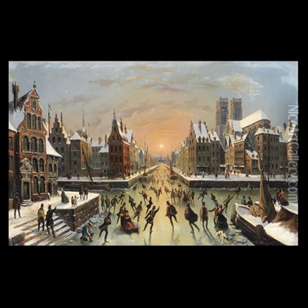 Skating Scene Oil Painting - Louis Claude Mallebranche