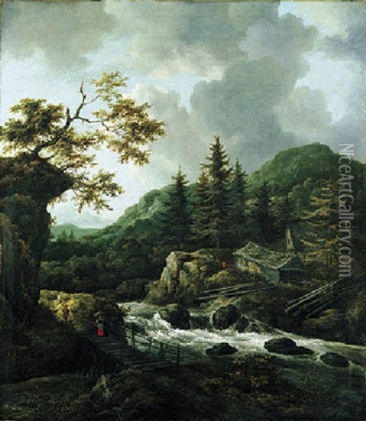 A Torrent In A Scandinavian Wooded Landscape With A Peasant Crossing A Wooden Bridge Oil Painting - Jacob Van Ruisdael