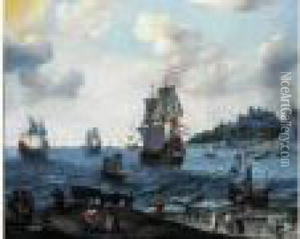 Vue D'un Port Avec Des Personnages Et Des Bateaux Hollandais Et Anglais Oil Painting - Abraham Willaerts