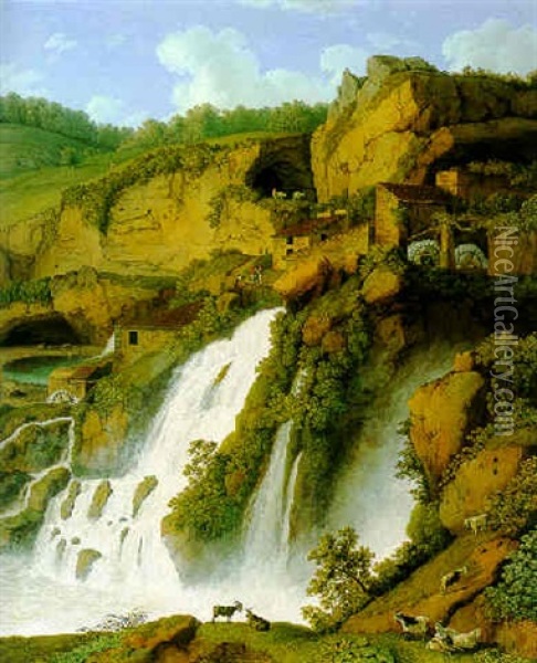 A View Of The Waterfall At Anitrella With Goats Grazing Nearby Oil Painting - Jacob Philipp Hackert