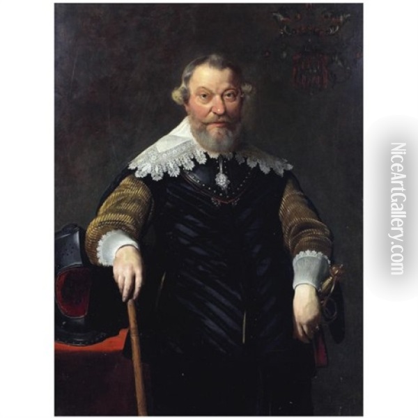A Portrait Of Wembrich Van Berchem, Rear-admiral Of Holland And West-friesland, Standing, Wearing A Gorget And A Black Costume With Gold Sleeves, Next To A Table With A Helmet Oil Painting - Thomas De Keyser