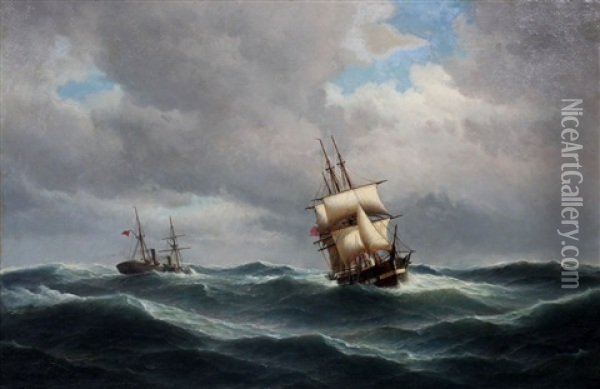 Een Stoomboot En Een Zeilschip Op Volle Zee Oil Painting - Carl Ludwig Bille