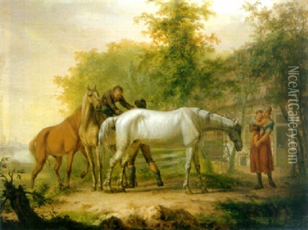 A Peasant Helping His Son Dismount From A Horse, Other Horses Nearby, A Mother And Child Looking On, On A Farm Beyond Oil Painting - Gerrit Malleyn
