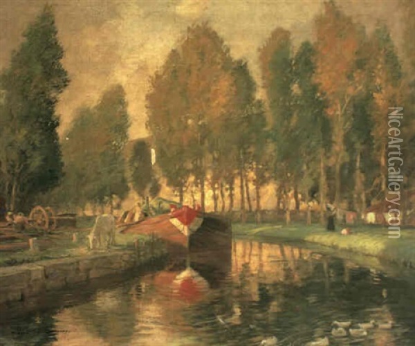 Barge On A River, Normandy Oil Painting - Rupert Bunny