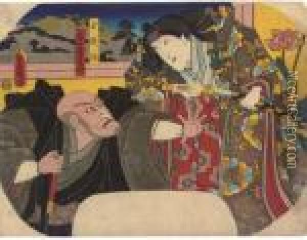 (uchiwa-e): Actors As Princess Tamaori And Priest Kumagai Renjo Oil Painting - Kunisada