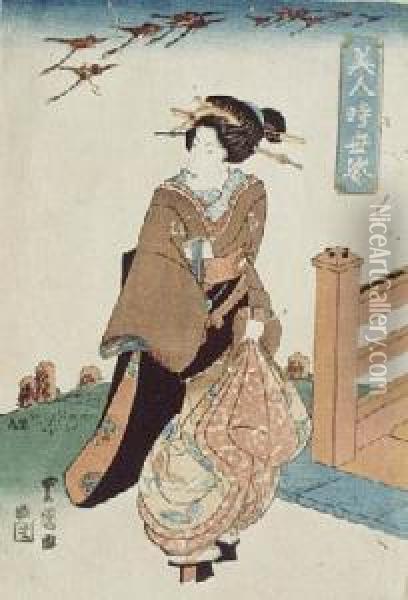Kobieta Na Spacerze Z Kluczem Odlatujacych Gesi W Tle Oil Painting - Kunisada
