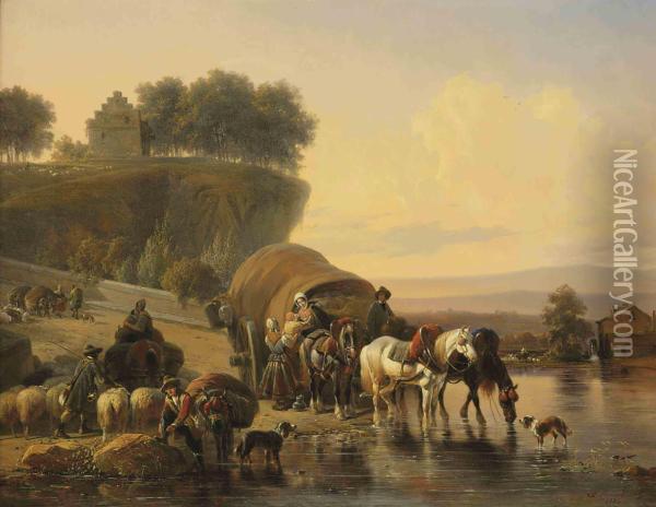Watering The Horses Oil Painting - Joseph Jodocus Moerenhout