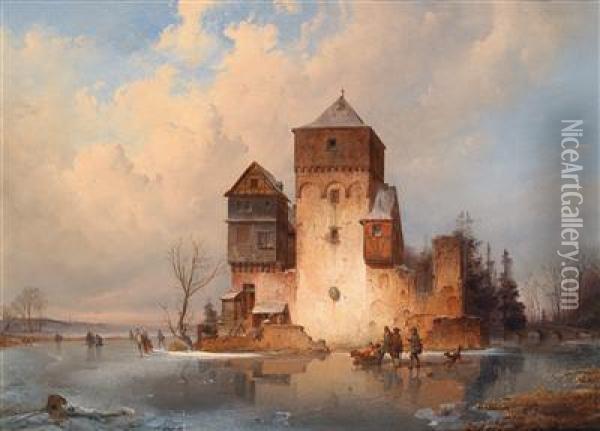Winterlandschaft Mit Eislaufern Vor Einer Burg Oil Painting - Karl Adloff