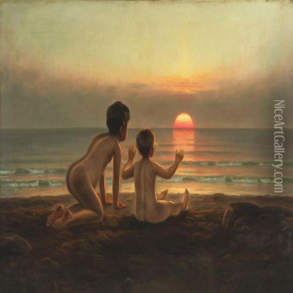 Two Children On The Beach At Sunset Oil Painting - Hans Ole Brasen