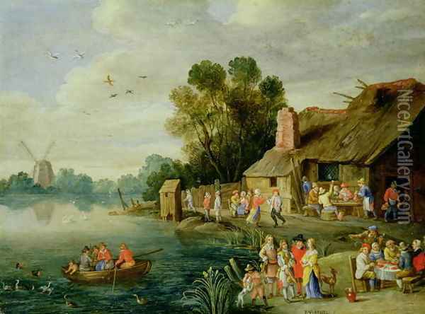 River Landscape with Gentry at a Village Inn Oil Painting - Jan van Kessel