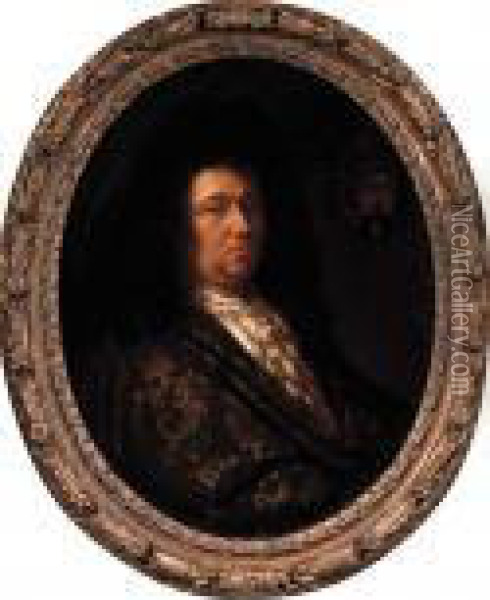 Portrait Of A Nobleman, Half 
Length, Wearing A Gold-embroidered Brown Cloak, Lace Chemise And Wig Oil Painting - Hyacinthe Rigaud