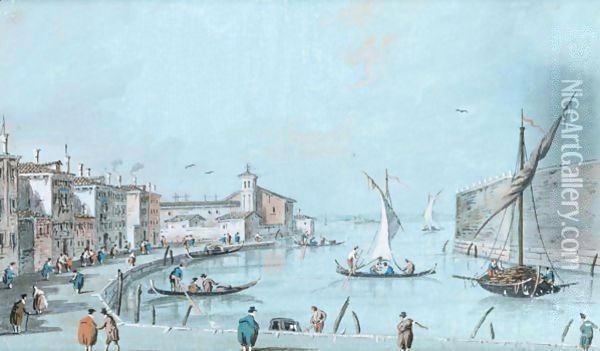 Venezia, Veduta Con La Chiesa Di Santa Chiara Oil Painting - Giacomo Guardi