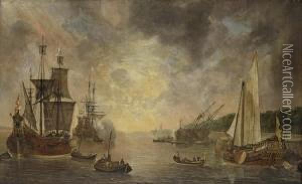A Harbour With A Flute, A Frigate Firing A Salute, A Flute Beingcareened And A States Yacht, With Other Shipping At Sunset Oil Painting - Lieve Verschuier