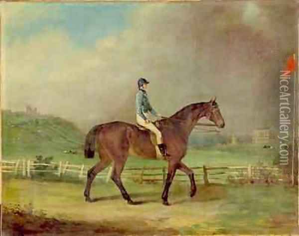Mr Hindleys Rosina with the owner up on Lincoln racecourse with Cathedral beyond Oil Painting - P. Ewbank