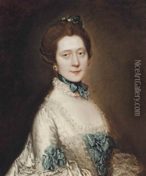 Portrait Of Lady Anne Furye, Nee Greenly (b. 1738), Half-length, In A White Satin Sack-back Dress With Blue Echelles, Wearing A Blue Ribbon And Lace Choker, With Crystal Earrings And Pompom Flowers In Her Hair Oil Painting - Thomas Gainsborough