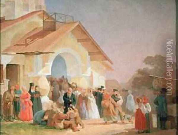 Coming out of a Church in Pskov 1863-64 Oil Painting - Aleksandr Ivanovich Morozov