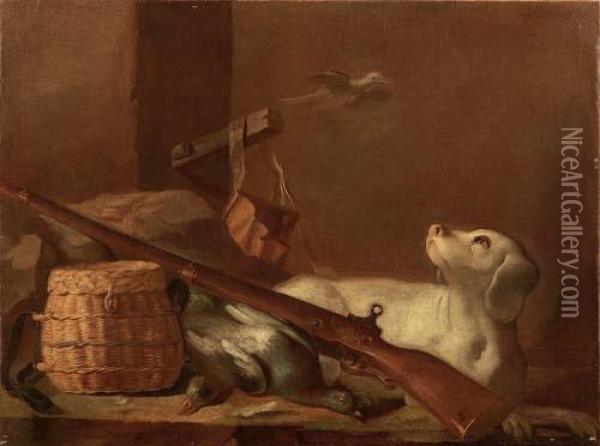 Natura Morta Di Cacciagione Con Fucile, Cane Ed Uccelli In Volo Oil Painting - Arcangelo Resani