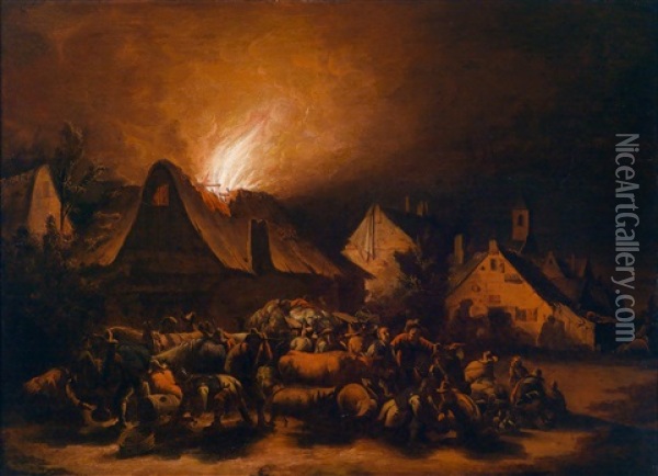 Nachtliche Feuersbrunst In Einem Dorf Oil Painting - Egbert Lievensz van der Poel