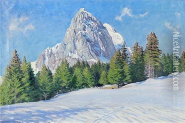 Sonniger Wintertag. Gummfluh Bei Saanen Oil Painting - Waldemar Theophil Fink