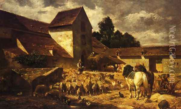 A Farmyard Oil Painting - Charles Emile Jacque