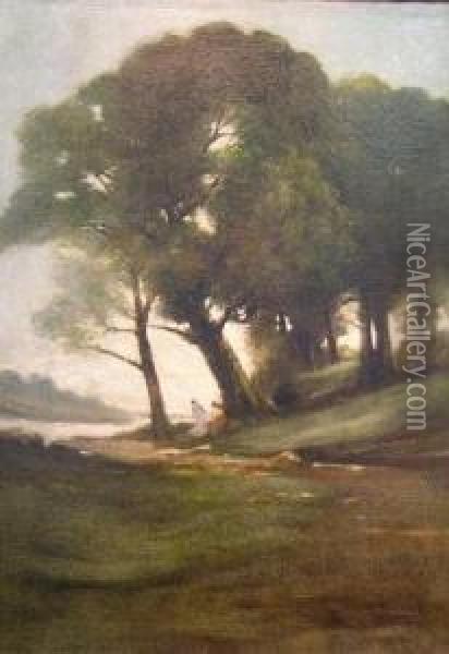 Wooded Landscape With Figures By A Stream Oil Painting - William Sartain