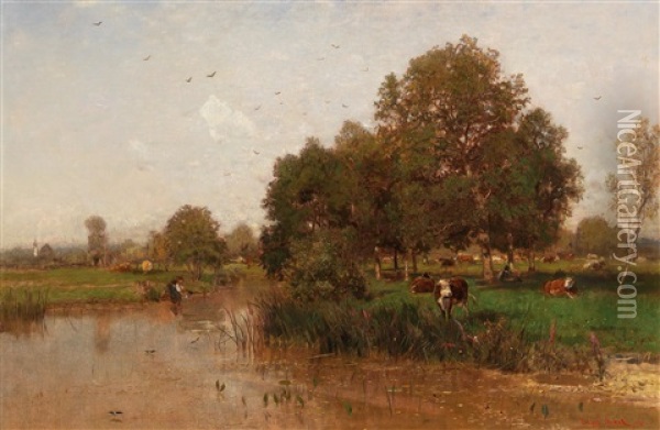 River Landscape With Cows Resting Oil Painting - Eugen Jettel