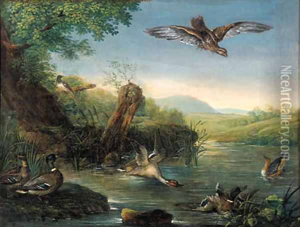 An eagle in flight watching ducks by a pool Oil Painting - Johann Elias Ridinger or Riedinger