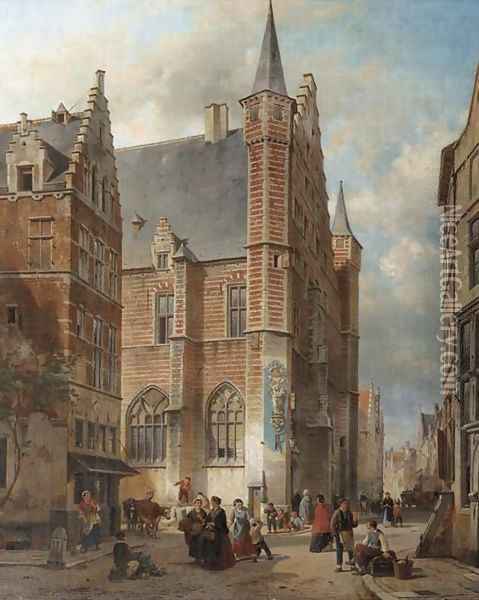 Bustling city life around the Vleeshal, Antwerp Oil Painting - Jan Michael Ruyten