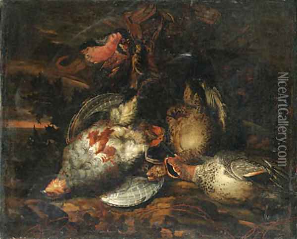 Partridge, a brace of teal, a bullfinch, a goldfinch, a bluetit and other dead birds in a landscape Oil Painting - Frans Luyckx