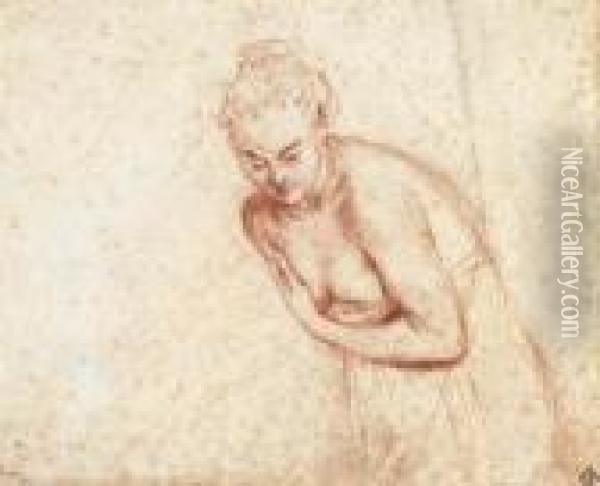 A Female Nude, Half-length, Leaning Forward, Her Arms Before Herbreasts Oil Painting - Watteau, Jean Antoine